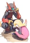 1boy 2girls alouette_(mega_man) arm_on_knee armor blonde_hair closed_eyes closed_mouth commentary_request cyber-elf_(mega_man) drawing_(action) drawing_on_sand dress forehead_jewel full_body grabbing_another's_hair helmet highres holding_another's_hair long_hair mega_man_(series) mega_man_zero_(series) multiple_girls omochi_(mochi_skymega) pink_dress red_armor red_helmet robot_ears sand simple_background squatting white_background zero(z)_(mega_man) zero_(mega_man) 