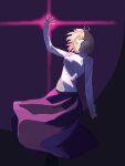  1girl absurdres antenna_hair arcueid_brunestud arm_up black_pantyhose blonde_hair breasts cowboy_shot floating_clothes floating_hair glowing grin hand_up highres kizzif0012 long_skirt looking_at_viewer mystic_eyes_of_enchantment pantyhose shade short_hair sidelocks single_hair_intake skirt smile solo sweater tsukihime turtleneck turtleneck_sweater white_sweater wind yellow_eyes 