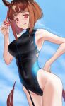  1girl absurdres animal_ears armpits back_cutout bare_shoulders black_one-piece_swimsuit blue_sky blush bob_cut breasts brown_hair closed_mouth clothing_cutout cloud commentary_request competition_swimsuit glasses highleg highleg_one-piece_swimsuit highres hip_bones holding holding_removed_eyewear horse_ears horse_girl horse_tail inverted_bob looking_at_viewer medium_breasts multicolored_hair one-piece_swimsuit red-framed_eyewear red_eyes short_hair skinny sky solo standing swimsuit tail tatsumi_yashiro tongue tongue_out transcend_(umamusume) umamusume unworn_eyewear white_hair 