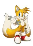  1boy animal_nose black_nose blue_eyes fox_boy furry furry_male gloves multiple_tails nowykowski orange_fur red_shoes shoes solo sonic_(series) tail tails_(sonic) transparent_background two-tone_fur two_tails white_gloves wrench 