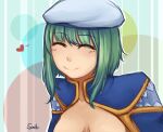  1girl artist_name beret blue_background blue_capelet blush breasts capelet cleavage closed_eyes closed_mouth commentary creator_(ragnarok_online) english_commentary green_hair hat heart ragnarok_online short_hair smile soehlu solo striped_background upper_body white_hat 