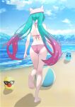  1girl absurdres aqua_hair ass back ball barefoot beach beachball bikini blue_sky city commentary_request creature day fortnite from_behind from_side full_body futatunoniji gradient_hair halterneck hat hatsune_miku highres long_hair multicolored_hair neko_hatsune_miku ocean outdoors sand sky soles solo sparkle string_bikini swimsuit twintails vocaloid walking watermark waves 