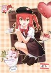  2girls :d absurdres alternate_costume artist_name balloon belt beret black_belt black_dress black_hat blue_eyes bocchi_the_rock! bow bowtie brown_dress brown_shoes cake cake_slice casual character_print cherry chibi chibi_inset collared_shirt commentary copyright_name dress film_grain food fork frilled_sleeves frills fruit full_body gotoh_hitori halo hat heart heart_balloon highres holding holding_heart holding_plate kita_ikuyo leaf loafers long_hair looking_at_viewer loose_socks multiple_girls open_mouth outline pinafore_dress pink_hair plaid_background plate pleated_dress puffy_short_sleeves puffy_sleeves red_bow red_bowtie red_hair shirt shoes short_sleeves simple_background sleeveless sleeveless_dress smile socks solo_focus squatting strawberry strawberry_slice thumbs_up two-tone_dress white_shirt white_socks yamada_ryo yellow_eyes yellow_halo yellow_outline ying-skd710 
