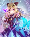  1girl antenna_hair black_bow black_bowtie black_capelet black_dress blonde_hair blue_butterfly blush border bow bowtie bug butterfly capelet commentary_request crossed_bangs cure_arcana_shadow dress frilled_capelet frills hair_between_eyes hair_bow hair_intakes highres kotorine_iro long_hair looking_at_viewer magical_girl meitantei_precure! moria_luluka parted_lips pink_eyes precure solo upper_body wrist_cuffs 