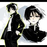  1boy alternate_costume black_border black_eyes black_hair black_hat black_jacket black_pants blunt_ends border closed_mouth collared_jacket contemporary eyeliner gakuran genshin_impact hand_in_pocket hat high_collar highres jacket letterboxed looking_at_viewer makeup male_focus open_clothes open_jacket outline pants parted_lips peaked_cap pyong_deog red_eyeliner scaramouche_(genshin_impact) school_uniform shirt solo tsurime undershirt white_background white_mouth white_shirt wispy_bangs yellow_outline zoom_layer 