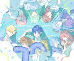  3boys 6+girls ada_(honkai_impact) artist_name ascot blonde_hair blue_hair blue_shirt blue_sweater_vest bob_cut bow bowtie brown_hair brown_shirt closed_eyes closed_mouth commentary confetti drill_hair elias_nokianvirtanen emma_planck erwin_reanna_schrodinger everyone frederica_nikola_tesla from_above green_bow green_bowtie green_hair hair_between_eyes hand_up happy_anniversary highres holding holding_hands holding_removed_eyewear honkai_(series) honkai_impact_3rd joachim_nokianvirtanen lieserl_albert_einstein long_hair long_sleeves multiple_boys multiple_girls nancy_thomas_alva_edison nyayou_amanatto pince-nez pink_hair red_hair round_eyewear shirt short_hair side_drill signature smile sweater_vest traditional_bowtie twitter_username unworn_eyewear welt_joyce welt_yang white_ascot white_shirt 