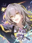  1girl absurdres animalization black_coat chinese_commentary coat commentary_request grey_hair hair_between_eyes highres honkai:_star_rail honkai_(series) hood hooded_coat long_hair multicolored_coat open_clothes open_coat open_mouth person_and_animalization raccoon snowcake47 solo stelle_(honkai:_star_rail) trailblazer_(baseball_raccoon)_(honkai:_star_rail) trailblazer_(honkai:_star_rail) two-sided_coat two-sided_fabric two-tone_coat upper_body yellow_coat yellow_eyes 
