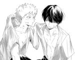  2boys bite_mark bite_mark_on_arm bite_mark_on_cheek bite_mark_on_chest bite_mark_on_shoulder bite_mark_on_stomach clothes_grab collarbone commentary_request dress_shirt grabbing_another's_shirt greyscale hair_between_eyes highres hikaru_ga_shinda_natsu indou_hikaru male_focus monochrome multiple_bite_marks multiple_boys open_clothes open_shirt school_uniform shirt shitake_manju short_hair simple_background suit_pants tsujinaka_yoshiki white_background yaoi 