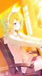  1girl blonde_hair blue_eyes chair chinese_commentary closed_mouth collarbone commentary_request eritri hair_ornament hairclip headband headphones highres hood hood_down hoodie indoors kagamine_rin long_hair looking_to_the_side microphone on_chair outstretched_arms revision shorts sitting solo split_mouth sunlight vocaloid window 