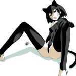  1girl :o animal_ears artist_name ass bare_shoulders barefoot black_eyes black_gloves black_hair black_leotard black_thighhighs bob_cut bodysuit breasts cat_ears cat_girl cat_tail commentary covered_navel drawn_whiskers empty_eyes fang gloves groin hair_between_eyes halter_leotard halterneck hand_on_own_knee highleg highleg_leotard highres kemonomimi_mode kikumaru_bunta leotard looking_at_viewer monogatari_(series) narrowed_eyes open_mouth oshino_ougi pale_skin revision shadow short_hair signature simple_background skin_fang sleeveless sleeveless_turtleneck small_breasts solo spread_legs stirrup_legwear tail thighhighs toeless_legwear translated turtleneck turtleneck_leotard white_background wide_spread_legs 