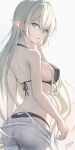  1girl aqua_eyes ass back bare_arms bikini black_bikini blonde_hair breasts clothes_pull commentary_request crossed_bangs denim elf grey_background grey_pants hair_between_eyes highres jeans long_hair long_pointy_ears looking_at_viewer may9 medium_breasts open_mouth original pants pants_pull pointy_ears sideboob sidelocks signature simple_background solo standing swimsuit very_long_hair 