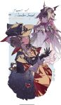  2girls alternate_universe bat_wings black_gloves black_hair black_hat blue_eyes bow breasts brown_hair closed_mouth collared_shirt columbina_(big_bad_vampire)_(genshin_impact) columbina_(genshin_impact) commentary doyouknowww dress english_text genshin_impact gloves hair_ornament hat head_wings highres long_hair long_sidelocks long_sleeves multicolored_hair multiple_girls multiple_wings necktie official_alternate_costume purple_hair purple_streaks purple_wings ribbon sandrone_(genshin_impact) sandrone_(vampire_hunter)_(genshin_impact) shirt short_hair_with_long_locks sidelocks smile streaked_hair tabletop_troupe_(genshin_impact) two-tone_hair untranslatable_commentary vampire very_long_hair winding_key wings wrist_bow 