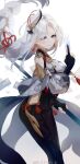  1girl absurdres artist_name between_fingers black_bodysuit black_gloves bodysuit breasts chinese_commentary closed_mouth commentary_request covered_navel dated detached_sleeves floating_hair genshin_impact gloves grey_hair hair_ornament hand_up highres holding holding_ofuda holding_polearm holding_weapon long_hair long_sleeves looking_at_viewer ofuda ofuda_between_fingers partially_fingerless_gloves polearm shenhe_(genshin_impact) simple_background solo standing swkl:d very_long_hair weapon white_background 