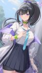  1girl absurdres black_hair black_shorts black_skirt blue_archive blue_necktie breasts choker collarbone collared_shirt commentary_request devonrex flower green_choker hair_flower hair_ornament halo highres jacket long_hair long_sleeves necktie pleated_skirt ponytail purple_eyes purple_flower purple_halo shirt shorts shorts_under_skirt skirt solo sumire_(blue_archive) sweat watermark white_jacket white_shirt 