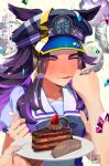  1girl 1other animal_ears balloon black_hair blush bow bowtie cake cake_slice closed_eyes closed_mouth ears_through_headwear facing_viewer feeding fenomeno_(umamusume) flipped_hair food fork happy_birthday hat heart_balloon highres holding holding_fork holding_plate horse_ears horse_girl long_hair multicolored_hair peaked_cap plate puffy_short_sleeves puffy_sleeves purple_bow purple_bowtie purple_hair purple_shirt sailor_collar sailor_shirt sayuasakura school_uniform shirt short_sleeves solo_focus summer_uniform tracen_school_uniform umamusume utensil_in_mouth white_sailor_collar 