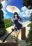  bangs beach black_dress black_footwear black_hair black_hairband blue_sky bug butterfly cape capelet choker cloud cloudy_sky copyright_name cross-laced_footwear dappled_sunlight day dress flower frills grass hairband high_heels highres holding holding_umbrella insect jewelry key_(company) key_necklace kushima_kamome long_hair looking_at_viewer minecart na-ga nature necklace no_socks ocean official_art outdoors parasol petticoat plant railroad_tracks rolling_suitcase scenery see-through shoes skull_and_crossbones sky smile solo standing suitcase summer_pockets sunflower sunlight tree umbrella walking yellow_eyes 