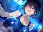  1girl bare_shoulders black_hair blue_eyes blue_one-piece_swimsuit blush breasts cleavage competition_swimsuit large_breasts looking_at_viewer maeshimashi one-piece_swimsuit open_mouth original short_hair smile solo_focus swimsuit tongue tongue_out wet 