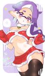  1girl :o ? absurdres artist_name bandeau bell black_thighhighs border breasts cleavage colored_tongue commentary_request dated earrings fur-trimmed_bandeau fur-trimmed_gloves fur-trimmed_skirt fur_collar fur_trim gloves hands_up highres inkling inkling_girl inkling_player_character jewelry kurumi_(ikach) large_breasts long_hair looking_at_viewer merry_christmas microskirt mole mole_under_eye navel neck_bell open_mouth outside_border pointy_ears purple_background purple_eyes purple_hair purple_tongue red_bandeau red_gloves santa_costume short_eyebrows skirt solo speech_bubble splatoon_(series) spoken_question_mark star_(symbol) stomach stud_earrings syoutoktaishi_63 tentacle_hair thighhighs thighs twitter_username underboob white_border zettai_ryouiki 