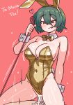  1girl :p absurdres bar_censor blush breasts censored cleavage clothed_sex clothing_aside commission cowboy_shot cowgirl_position cum cum_in_pussy cum_overflow femdom forked_tongue girl_on_top gold_bowtie gold_leotard green_eyes green_hair highres large_breasts leash leotard leotard_aside nikukabe playboy_bunny red_background second-party_source sex short_hair simple_background skeb_commission solo_focus straddling tongue tongue_out vaginal wrist_cuffs yellow_eyes 
