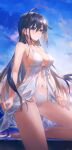  1girl absurdres bare_arms barefoot bikini black_hair breasts commentary foot_out_of_frame hair_between_eyes halterneck highres large_breasts long_hair looking_ahead looking_to_the_side medium_breasts navel original sky solo star_(sky) starry_sky stomach swimsuit swkl:d thighs untranslatable_commentary very_long_hair white_bikini 