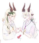  2girls ^_^ alternate_costume arknights bow braid c4onhwngyt closed_eyes green_bow green_eyes green_ribbon hair_bow hair_ornament hair_over_one_eye hair_ribbon hairclip heart heart_hands heart_hands_duo highres incest jewelry long_hair long_sleeves multiple_girls necklace necrass_(arknights) one_eye_covered reed_(arknights) ribbon shirt short_sleeves siblings simple_background sisters smile sweater upper_body white_background white_shirt white_sweater yuri 