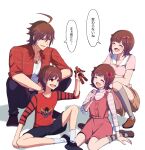  2boys 2girls :d ^_^ action_figure aged_down amagase_touma amami_haruka black_pants black_shoes black_shorts bow brown_hair brown_shoes child closed_eyes commentary_request dress dual_persona hair_bow highres holding holding_microphone holding_toy idolmaster idolmaster_(classic) idolmaster_side-m looking_at_another microphone multiple_boys multiple_girls multiple_hair_bows pants pink_dress pinnmoku plaid_clothes plaid_shirt red_bow red_eyes red_shirt shirt shoes short_hair shorts simple_background sitting smile socks speech_bubble squatting toy translation_request v-shaped_eyebrows white_background white_socks 