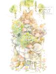  2girls animal_ears basket blush_stickers brown_hair closed_eyes closed_mouth commentary_request dress flower fox_ears fox_girl fox_tail frilled_dress frills green_ribbon hanging_plant holding holding_basket long_hair long_sleeves mouse_ears mouse_girl mouse_tail multiple_girls mura_(yoshishi_ff) on_stool open_mouth original painting_(medium) puffy_long_sleeves puffy_sleeves ribbon shoes short_hair sitting smile socks stool tail tareme traditional_media watercolor_(medium) watermark white_background white_dress white_flower white_socks yellow_eyes yellow_ribbon yellow_shoes 