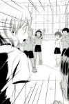  2boys 4girls ball ben-day_dots emphasis_lines greyscale gym_uniform highres holding holding_ball kaori_ninotsugi mahou_shoujo_ikusei_keikaku mahou_shoujo_ikusei_keikaku_limited maruino monochrome multiple_boys multiple_girls official_art open_mouth postarie rain_pow screentones shoes short_hair socks spoilers sweat tatsuko_sakaki third-party_source 