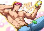  1boy abby_(kpop_demon_hunters) absurdres arm_behind_back artist_name bara beanie blue_pants can character_name commentary hat highres holding holding_can kpop_demon_hunters kuroshinki large_pectorals looking_at_viewer male_focus meander muscular muscular_male nipples pants pectorals pink_hair shadow short_hair signature smirk solo teeth unzipped watermark yellow_hat 