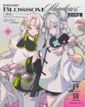 2girls blue_eyes blue_nails blunt_ends blurry blurry_foreground braid braided_twintails branch check_clothing cherry_blossoms chinese_clothes clothing_request cowboy_shot double-parted_bangs double_bun earrings english_text expressionless gradient_background green_eyes green_nails hair_bun hair_ornament hairclip hand_fan highres holding holding_fan jewelry lemontea light_smile long_hair looking_at_another looking_at_viewer mandarin_collar mistee_(lemontea) multiple_girls nail_polish original pankou parted_bangs sana_(lemontea) shorts skirt tangzhuang tassel tassel_earrings twin_braids very_long_hair wavy_hair white_hair yunjian 