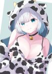  1girl animal_print bell bikini blue_eyes breasts commentary_request cow_print cow_print_bikini cow_print_jacket cowbell crossed_arms grey_hair highres hood hood_up jacket kaga_sumire koenage_kaoru large_breasts looking_at_viewer mole mole_under_eye multicolored_hair neck_bell print_bikini print_jacket simple_background smile solo swimsuit virtual_youtuber vspo! 