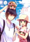 1boy 3girls amagase_touma amami_haruka ayuko_(ayuco) backpack bag baseball_cap black_hat bottle brown_hair chibi chibi_on_head commentary_request day green_eyes haruka-san hat holding holding_bottle holding_chibi idolmaster idolmaster_(classic) idolmaster_side-m multiple_girls on_head outdoors puchimasu! red_eyes red_shirt shirt short_hair short_sleeves speech_bubble spoken_object standing striped_clothes striped_shirt translation_request upper_body water_bottle white_hat white_shirt 