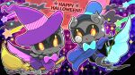  black_jacket blue_hat bow bowtie bright_pupils broom broom_riding cape commentary_request full_body happy_halloween hat jacket marshadow monocle moon orange_eyes outline parted_lips pokemon pokemon_(creature) purple_hat red_moon runachikku sparkle star_(symbol) top_hat twitter_username white_outline white_pupils witch_hat 
