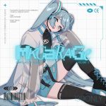  1girl :o album_cover belt blue_eyes blue_hair blue_nails blunt_ends boots commentary_request cover crop_top elbow_rest hair_ornament hairclip hand_on_own_head hatsune_miku head_rest head_tilt headphones headset high_collar highres jacket knee_up lace-up_boots lemontea long_hair looking_at_viewer miniskirt nail_polish navel official_art open_mouth see-through_clothes see-through_sleeves sitting skirt solo thighhighs twintails very_long_hair vocaloid zipper_skirt 