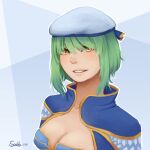  1girl 2018 artist_name beret blue_background blue_cape breasts cape cleavage commentary creator_(ragnarok_online) english_commentary green_hair grin hat highres looking_at_viewer medium_breasts ragnarok_online short_hair smile soehlu solo upper_body white_hat yellow_eyes 