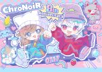  2boys :3 :d absurdres animal_ear_headwear animal_ears animalization anniversary arm_up balloon beanie black_shoes blue_background blue_eyes blue_jacket blue_outline blue_pants blush bright_pupils brown_hair bucket_hat cat chain chain_necklace character_name chibi chibi_only clenched_hand clenched_hands clothes_writing commentary_request corn crossed_bangs ear_piercing english_text fake_animal_ears fangs fingernails food fruit green_nails grey_hat hair_between_eyes handheld_game_console hat heart hebel_ishida highres holding holding_phone jacket jewelry kanae_(nijisanji) kuzuha_(nijisanji) long_hair long_sleeves looking_at_viewer male_focus mole mole_under_eye multicolored_shoes multiple_boys nail_polish necklace niginigi_nijitown nijisanji open_clothes open_jacket open_mouth orange_shirt outline pants pawpads phone piercing pink_background pink_outline pixel_heart pointy_ears pom_pom_(clothes) print_shirt red_eyes red_pants red_shirt red_sweater roto_(kanae) shirt shoes short_hair smile sparkle star_(symbol) strawberry sweater v-shaped_eyebrows virtual_youtuber white_hair white_hat white_outline white_pupils white_shoes wolf yanagi_(sham0o081) yellow_nails 