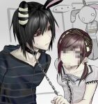  1boy 1girl bkn_ssss black_hair bow brown_hair censored chain collar commentary_request headband heart hood hoodie light_blush mosaic_censoring original stuffed_toy sweatdrop twintails 