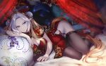  1girl alternate_costume animal_ears blue_eyes breasts bun_cover chinese_clothes cleavage_cutout closed_mouth clothing_cutout colored_bangs commentary_request ear_covers garter_straps groin highres horse_ears horse_girl long_hair moire multicolored_hair no_panties on_bed orange_hair orfevre_(umamusume) pillow red_nails solo thighhighs two-tone_hair umamusume watermark white_hair yue_(lov_n_n) 