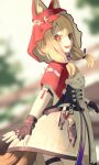  1girl animal_ear_fluff animal_ears arknights arknights:_endfield black_gloves blonde_hair blurry blurry_background blush capelet cowboy_shot dress ears_through_hood gloves highres hood hood_up hooded_capelet looking_at_viewer medium_hair open_mouth red_capelet red_eyes rossi_(arknights) shaku_(syak_18) smile solo tail teeth upper_teeth_only white_dress wolf_ears wolf_girl wolf_tail 