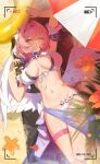  1girl absurdres battery_indicator beach beach_mat beach_umbrella bikini breasts chinese_commentary commentary_request highres hypermin innertube large_breasts looking_at_viewer lying medium_hair navel on_back pink_hair purple_eyes recording remielle_dan smile solo starfish stomach swim_ring swimsuit thigh_strap umbrella white_bikini white_wings wings zenless_zone_zero 
