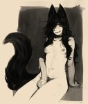  1girl animal_ears black_background body_freckles border breasts collar commentary completely_nude cowboy_shot cum cum_on_body cum_on_penis cum_on_testicles erection female_pubic_hair fox_ears fox_girl fox_tail freckles futanari grey_border greyscale hair_over_one_eye invisible_chair ittla looking_at_viewer monochrome nipples nude one_eye_covered original outside_border penis pubic_hair simple_background sitting small_breasts smile solo tail testicles uncensored untranslatable_commentary 