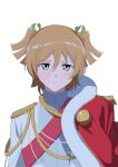  1girl absurdres amaboco aqua_eyes closed_mouth commentary_request daiba_nana epaulettes fur-trimmed_jacket fur_trim hair_between_eyes highres jacket jacket_on_shoulders long_sleeves looking_at_viewer orange_hair red_jacket red_sash sash short_hair shoujo_kageki_revue_starlight simple_background solo two_side_up white_background white_jacket 