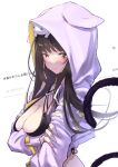  1girl absurdres animal_hood animal_on_head arm_under_breasts asakura_karen_(heaven_burns_red) asakura_karen_(summertide_shark_the_ripper)_(heaven_burns_red) bikini black_bikini black_hair blush breasts cat cat_hood cat_on_head cat_tail cleavage closed_mouth commentary_request criss-cross_halter dated fan_request floating_hair furrowed_brow halterneck hand_on_own_arm heaven_burns_red highres hood hood_up hooded_jacket jacket kisaragi_yayoi_(ksrg_yayoi) large_breasts lips long_hair long_sleeves looking_at_viewer official_alternate_costume on_head purple_jacket request_inset simple_background solo split_mouth sweatdrop swimsuit tail tail_raised upper_body white_background yellow_eyes 