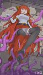  1girl armlet artist_name belt black_thighhighs boots borrowed_character bouhuman bound bound_arms bow breasts closed_eyes commission elbow_gloves feet full_body gem gloves hair_bow highres jewelry knee_boots large_breasts leotard long_hair lying magical_girl miniskirt on_back open_mouth orange_hair orange_skirt original panties pantyshot red_hair red_skirt restrained shirt single_boot skeb_commission skirt slime_(substance) solo tentacles thighhighs toes underwear upskirt very_long_hair white_gloves white_leotard white_panties white_shirt 