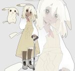  1girl absurdres blonde_hair bloomers cane commentary creature_and_personification dark-skinned_female dark_skin dress droopy_ears english_commentary full_body grey_background grey_shoes hand_up head_tilt highres holding holding_cane jacequilart looking_at_viewer neckerchief outline peakychu personification pikachu pikachu_tail_(female) pinafore_dress pokemon pokemon_pokopia red_neckerchief shirt shoes short_hair simple_background sleeveless sleeveless_dress smile white_bloomers white_shirt yellow_dress zoom_layer 