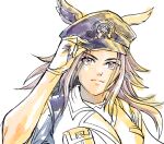  1girl adjusting_clothes adjusting_headwear animal_ears commentary_request ears_through_headwear fenomeno_(black_flames_of_the_righteous_spirit)_(umamusume) fenomeno_(umamusume) gloves hat horse_ears horse_girl horseshoe_hat_ornament horseshoe_ornament jacket long_hair looking_at_viewer peaked_cap purple_eyes purple_hair purple_hat simple_background sketch smile solo umamusume upper_body uzaki_(jiro) v-shaped_eyebrows white_background white_gloves 