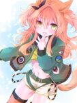  1girl animal_ears belt blush bomber_jacket bow breasts brown_ribbon commentary_request crop_top ear_bow ear_ribbon green_belt green_jacket groin highres horse_ears horse_girl horse_tail jacket long_hair long_sleeves looking_at_viewer mayano_top_gun_(scramble_zone)_(umamusume) mayano_top_gun_(umamusume) midriff navel open_clothes open_jacket open_mouth orange_hair orange_tail reya_p_d3 ribbon shirt shorts small_breasts smile solo tail thighhighs two_side_up umamusume white_shorts yellow_shirt 