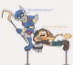  2boys animal_ears cane english_text fang furry furry_male grey_fur highres holding holding_cane lombax multiple_boys open_mouth raccoon_boy raccoon_ears raccoon_tail ratchet_&amp;_clank ratchet_(ratchet_&amp;_clank) sketch_soft10 sly_cooper sly_cooper_(series) smile speech_bubble sweatdrop tail tail_grab trembling yellow_fur 