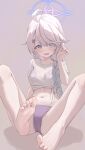  1girl :d absurdres ahoge bare_legs barefoot bikini bikini_under_clothes blue_archive blue_eyes blush braid commentary_request eyes_visible_through_hair feet foot_focus foreshortening full_body furrowed_brow hair_ornament hair_over_one_eye hair_over_shoulder halo highres kirino_(blue_archive) kirino_(swimsuit)_(blue_archive) long_hair navel official_alternate_costume official_alternate_hairstyle open_mouth presenting_foot presenting_own_foot purple_bikini purple_halo shirt short_sleeves sidelocks smile soles solo springrain_06 stomach swimsuit t-shirt tied_shirt toes very_long_braid white_hair white_shirt x_hair_ornament 