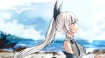  arms_at_sides bangs bare_shoulders black_jacket black_ribbon blue_sky blurry blush bow breasts brown_eyes cloud cloudy_sky day depth_of_field dock eyebrows_visible_through_hair five-seven_(girls_frontline) floating_hair frilled_shirt_collar frills from_side girls_frontline hair_ornament hair_ribbon harbor highres jacket jewelry large_breasts lens_flare light_particles long_hair looking_up mango_(mgo) mountain ocean off_shoulder open_mouth outstretched_hand parted_lips ponytail profile ribbon shirt sidelocks silver_hair sky sleeveless sleeveless_shirt smile solo sunlight very_long_hair white_shirt wind yellow_eyes 